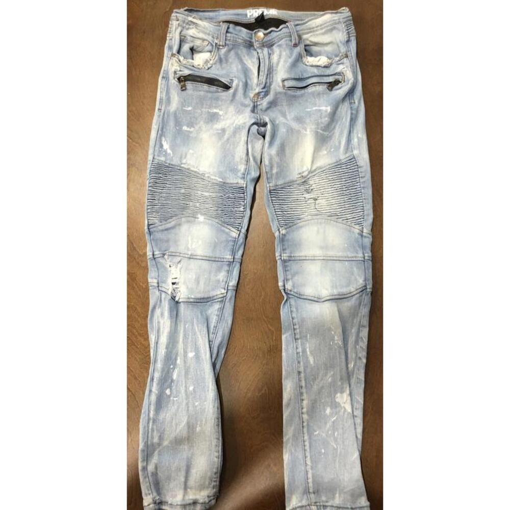 Preme Denim Distressed Ripped Jeans Light Wash  Stacked Moto Mens 43x32 P10